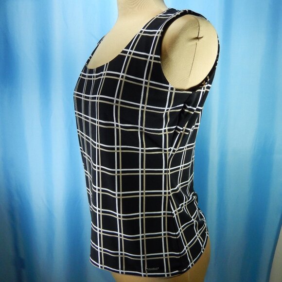Calvin Klein Taupe & White on Black Scoop Neck Sleeveless Career Top Size Lg EUC - Picture 2 of 12